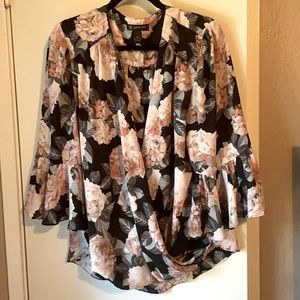 INC Black Bell Sleeve Blouse W/ Floral Pattern 1X